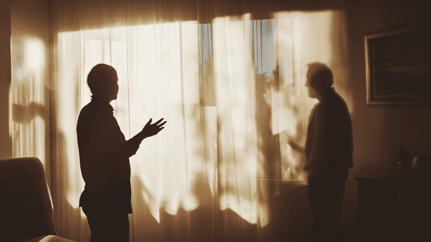 Two silhouetted figures are seen in a softly lit room, engaged in conversation, with sunlight filtering through a window.