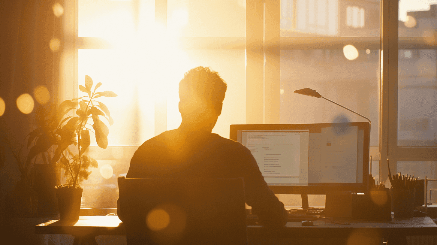 A silhouette of a person sitting at a desk, illuminated by warm sunlight streaming through a window.