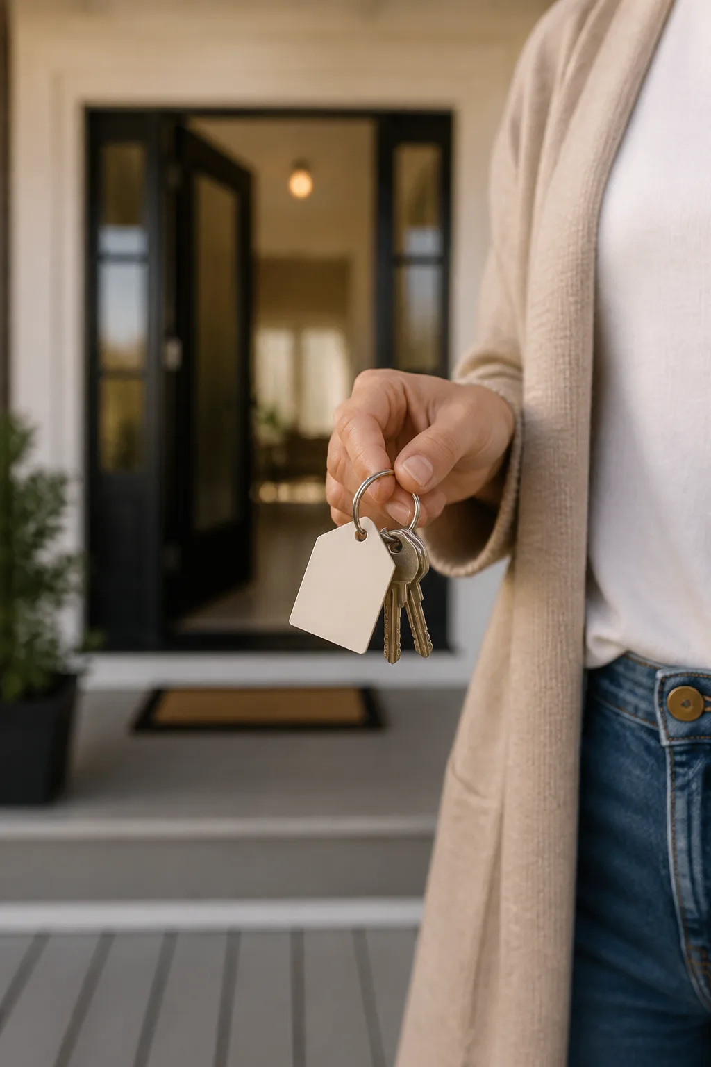 House keys held in front of an open front door with no face visible