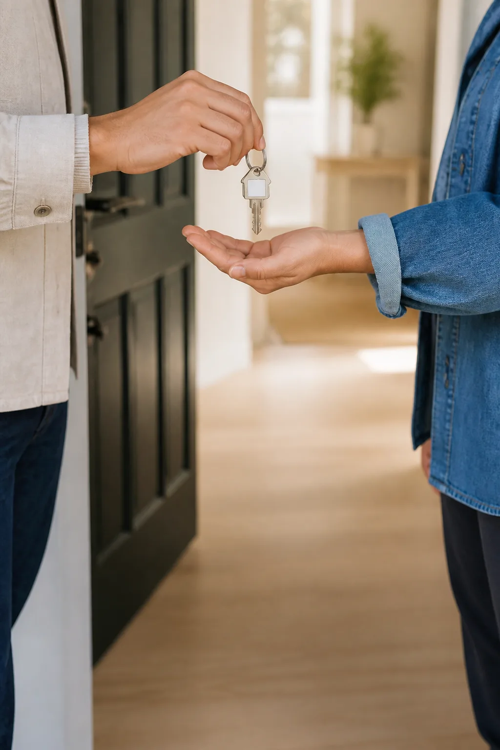 House keys being handed over at a front door with no faces visible