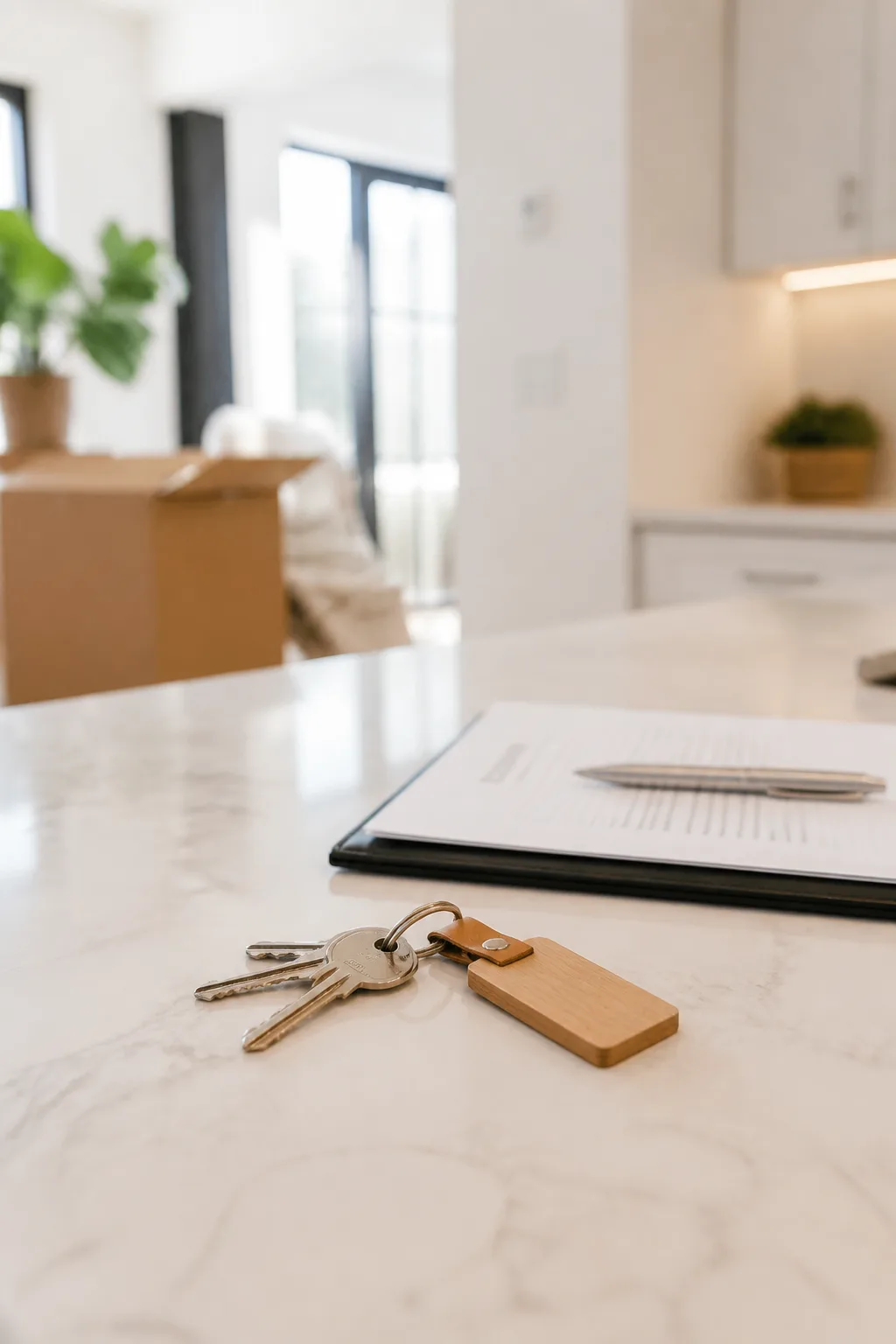 House keys on a kitchen counter beside closing documents